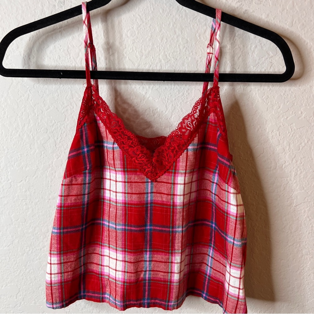 NEW COLSIE Red Plaid Pajama Cropped Tank Top Extra Small Lace Trim